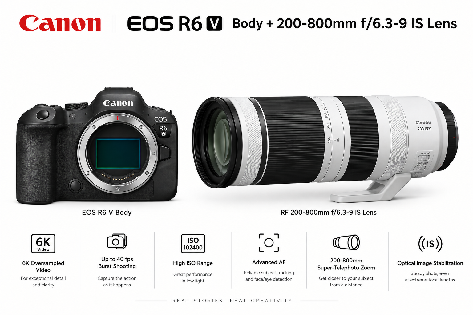 Canon EOS R6 V Mirrorless Camera Body + RF 200-800mm F6.3-9 IS USM Lens