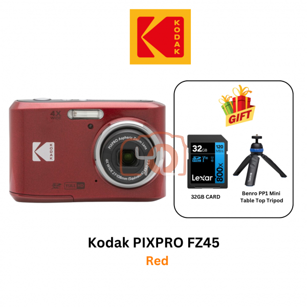 Kodak Pixpro FZ45 Digital Camera (Red) (Free 32gb card + Benro PP1 Mini Tripod)