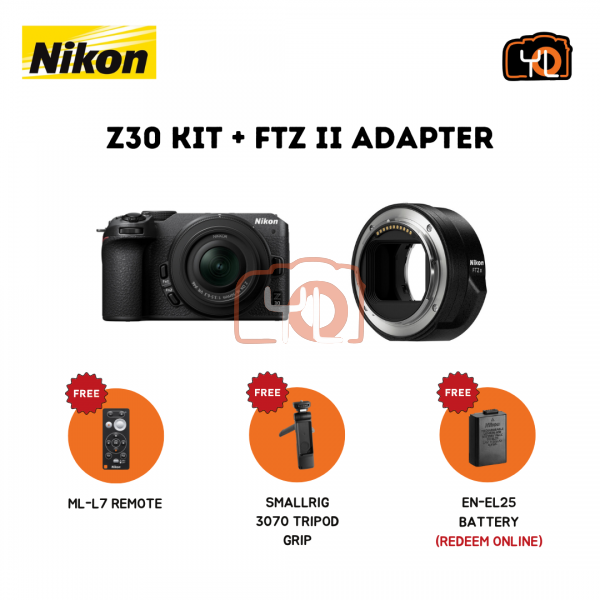 Nikon Z30 Mirrorless Camera with 16-50mm Lens + FTZ II Adapter (Free Nikon ML-L7 remote & Smallrig 3070 tripod Grip & Extra Battery EN-EL25 (Battery Redeem Online)