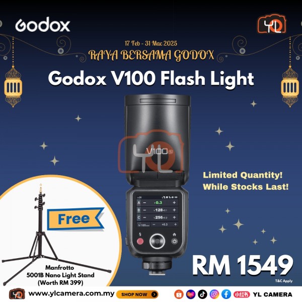 Godox V100 Flash for Nikon Camera Free Manfrotto 5001B Light Stand - 1 Year Warranty By Godox Malaysia