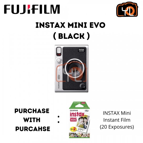 Instax Mini Evo Camera ( Black ) PWP with FUJIFILM INSTAX Mini Instant Film (20 Exposures)