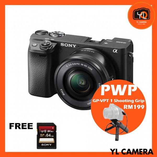 Sony A6400 Camera (Black) with 16-50mm Kit Lens + VPT1 Shooting Grip [Free Sony 64GB SD Card]