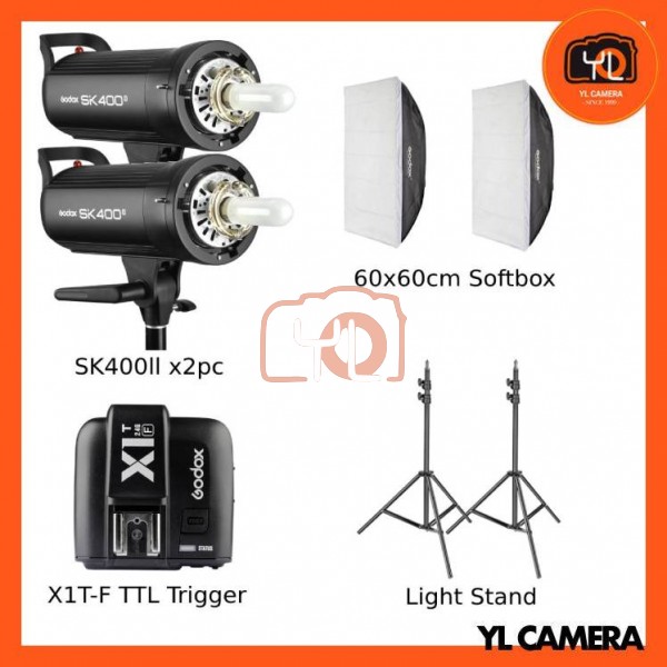 Godox SK400II Studio Flash 2 Lihgt Kit (60x60cm Sfotbox , Light Stand , X1T-Fujifilm TTL Trigger)