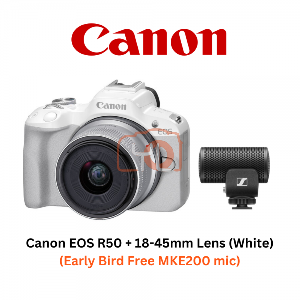 Canon EOS R50 with 18-45mm Lens (White) [Free Sennheiser MKE200]