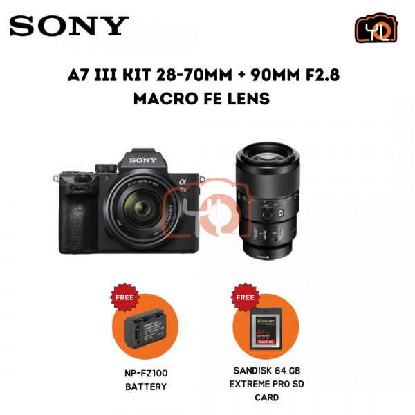 Sony a7 III Mirrorless Camera with 28-70mm Lens + FE 90mm f/2.8 Macro G OSS Lens ( Free Sandisk 64GB Extreme Pro SD Card & Extra Battery)