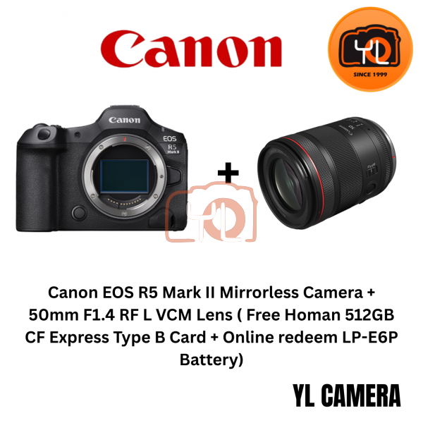 Canon EOS R5 Mark II Mirrorless Camera + 50mm F1.4 RF L VCM Lens ( Free Homan 512GB CF Express Type B Card + Online redeem LP-E6P Battery)