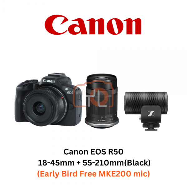 Canon EOS R50 with 18-45mm + 55-210mm Lens (Black) [Free Sennheiser MKE200]