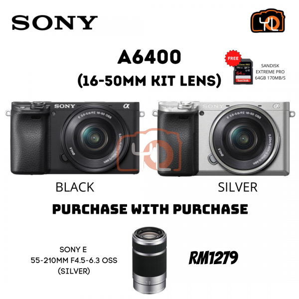 Sony A6400 Camera (Silver) with 16-50mm Kit Lens [Free Sony 64GB SD Card] - PWP : Sony E 55-210mm F4.5-6.3 OSS ( Silver)
