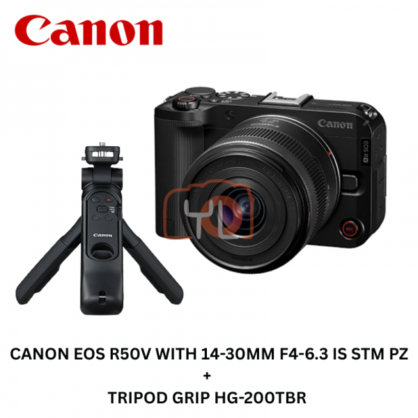 Canon EOS R50V Mirrorless Camera (Black) + 14-30mm f4-6.3 Lens + Tripod Grip HG-200TBR (Free Canon Bag CB-ES1000 Red & Homan 64GB V30 SD Card  & Redeem Online Touch N Go RM100 & Nanlite Pico)