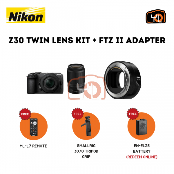 Nikon Z30 Mirrorless Camera with 16-50mm and 50-250mm Lenses + FTZ II Adapter ( Free Smallrig Tripod, Bluetooth Remote Control )