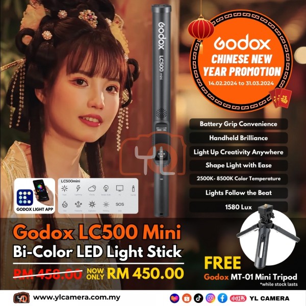 Godox LC500 Mini Bi-Color LED Light Stick FREE  MT-01 Mini Tripod Folding Table Top Stand