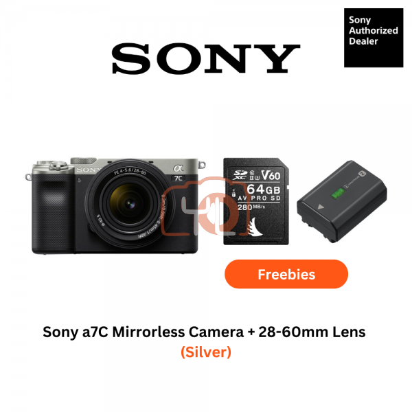 Sony A7C + FE 28-60mm F4-5.6 (Silver) - Free Angelbird 64GB 280/160mb V60 AV PRO SD Card and Extra Battery Only