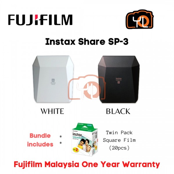Fujifilm INSTAX Share SP-3 Smartphone Printer (Black) W/ INSTAX SQUARE Film (Twin Pack)