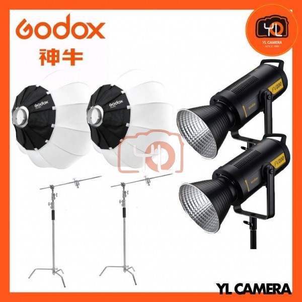 Godox FV200 High Speed Sync Flash LED Light With CS-85D Collapsible Lantern Softbox + Pro C-Stand (2 Light Pro Kit)