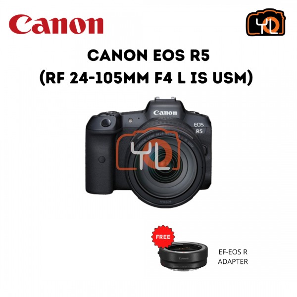 Canon EOS R5 + RF 24-105mm F4 L IS USM - ( Free EF-EOS R Adapter + LP-E6NH Battery)