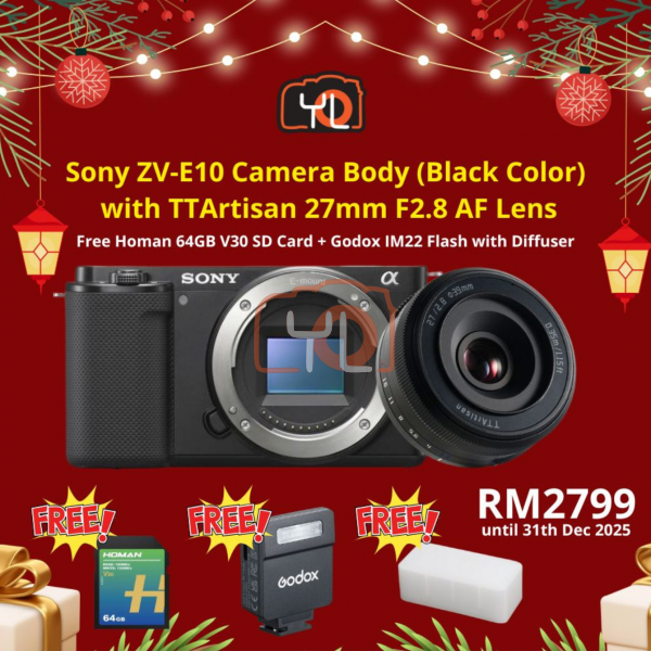 Sony ZV-E10 Mirrorless Camera (Body Only) + TT Artisan 27mm F2.8 AF Lens - Free Homan 64GB 180/150MB V30 SD Card + Godox IM22 Flash with Diffuser