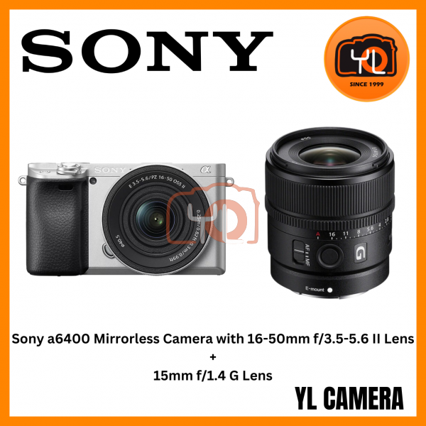 Sony a6400 Mirrorless Camera with 16-50mm f3.5-5.6 Lens (Silver) + Sony E 15mm f1.4 G Lens (Free Sandisk 64GB Extreme Pro SD Card)