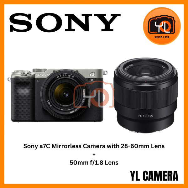 Sony a7C Mirrorless Camera with 28-60mm Lens (Silver) + Sony FE 50mm f/1.8 Lens (Free Angelbird 64GB 280/160MB V60 AV PRO SD Card & Extra Battery)
