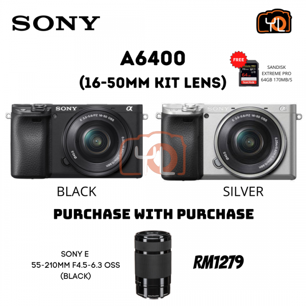 Sony A6400 Camera (Silver) with 16-50mm Kit Lens [Free Sony 64GB SD Card] - PWP : Sony E 55-210mm F4.5-6.3 OSS ( Black )