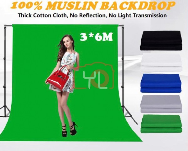 Cotton 3x6m Studio Backdrop Green Screen (Black/White/Grey/Green/Blue) Not Including BackDrop Stand