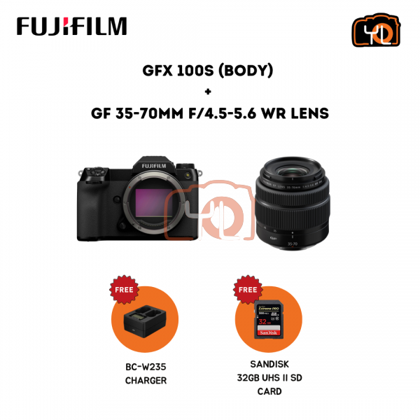 FUJIFILM GFX 100S (Body) + GF 35-70mm f/4.5-5.6 WR Lens (Free BC-W235 Charger, 32GB UHS II SD Card)