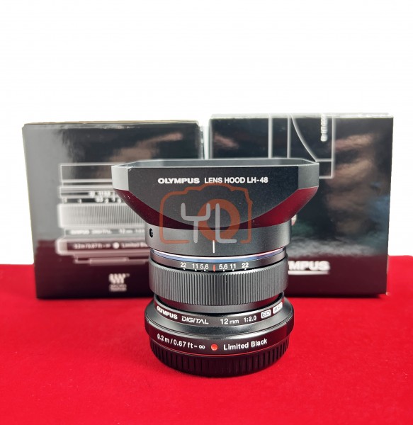 [USED-PJ33] Olympus 12mm F2 M.Zuiko Digital Black (Limited Edition) With Lens Hood, 95% Like New Condition (S/N:ABR001219)