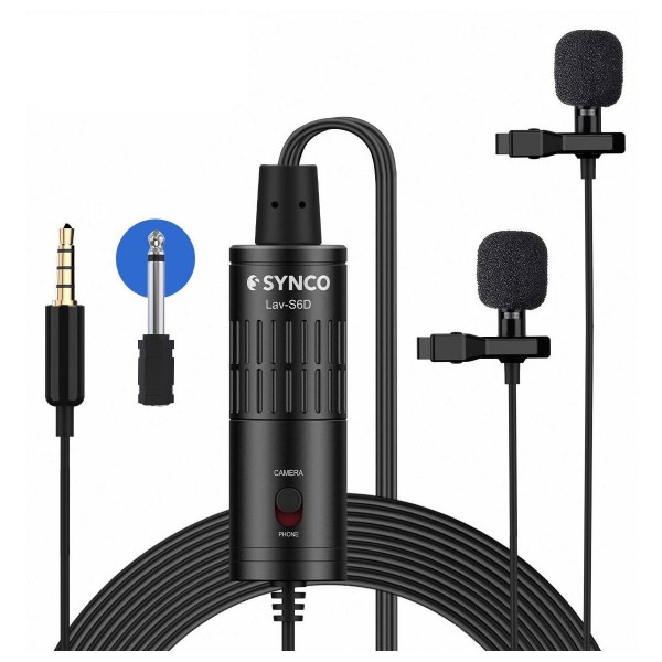 Synco Audio Lav-S6D Dual Lavalier Omnidirectional Condenser Microphones with 3.5mm to Type-C Adapter