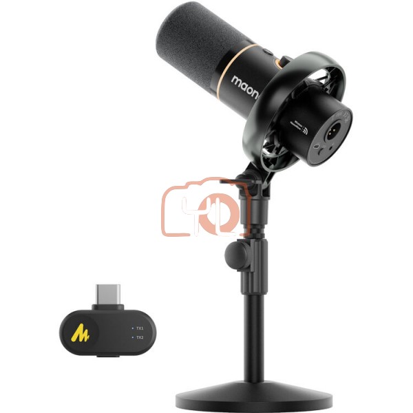maono PD200WT Hybrid Wireless Podcast Microphone Kit with Desktop Stand and Base