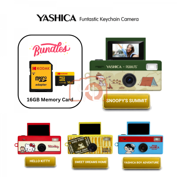 YASHICA Funtastic Keychain Camera (Snoopy's Summit) + 16GB MicroSD Card