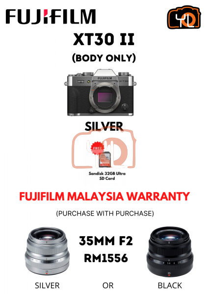 FUJIFILM X-T30 II Mirrorless Digital Camera (Body Only, Silver) ( Free Sandisk 32GB Ultra SD card ) - PWP : XF 35mm F2 R WR - Silver