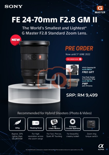 Sony 24-70mm F2.8 GM II FE Lens ( Free VSGO Cleaning Kit & Peak Design 6L Everyday Sling)