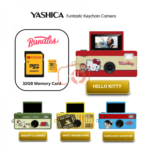 YASHICA Funtastic Keychain Camera (Classic Hello Kitty) + 32GB MicroSD Card