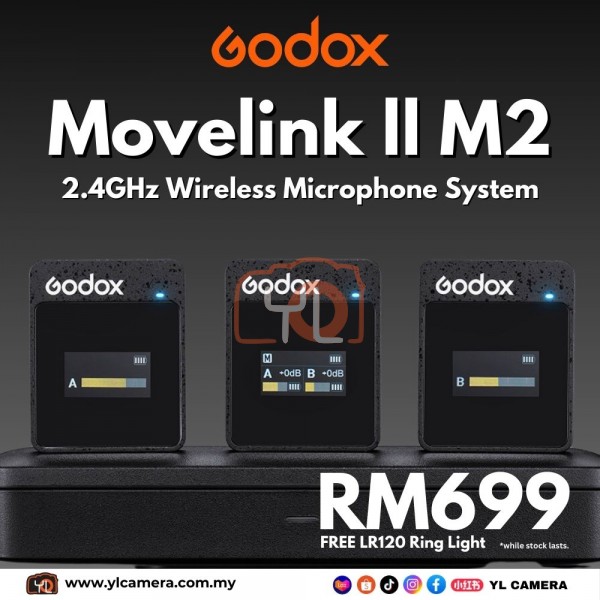 Godox MoveLink II M2 Compact 2-Person Wireless Microphone System for Cameras & Smartphones with 3.5mm (2.4 GHz, Black) FREE Godox LR120 Ring Light