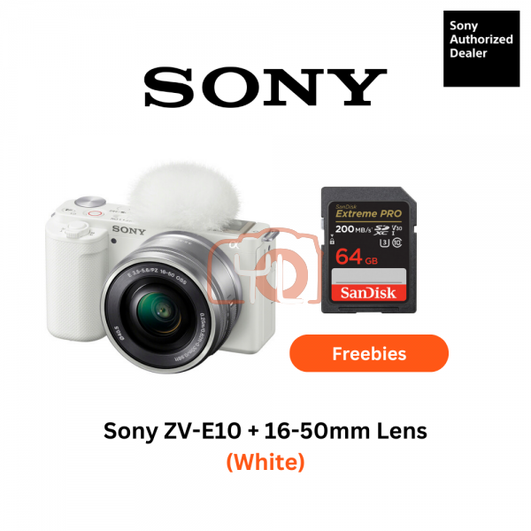 Sony ZV-E10 Mirrorless Camera with 16-50mm Lens (White) - Free Sandisk 64GB Extreme Pro SD Card