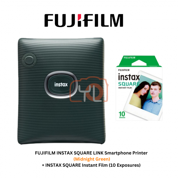 FUJIFILM INSTAX SQUARE LINK Smartphone Printer (Midnight Green) + Fujifilm Instax Square film single pack (10pcs Film Per Pack) - Free Touch N Go RM20 Redeem Online