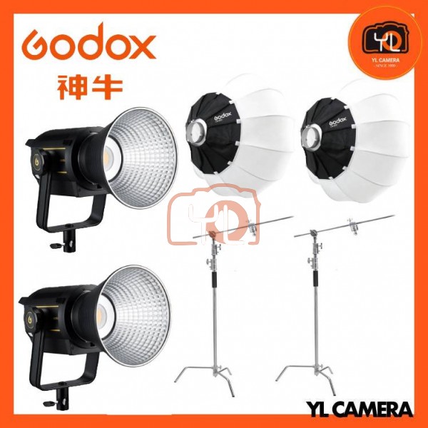 Godox VL200 LED Video Light With CS-65D Collapsible Lantern Softbox + Pro C-Stand (2 Light Pro Kit)