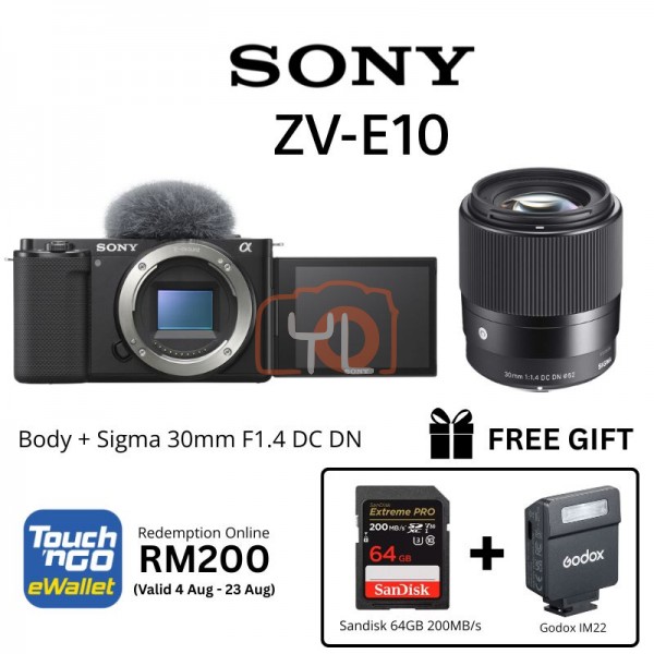 Sony ZV-E10 Mirrorless Camera (Body Only) + Sigma 30mm f1.4 DC DN Contemporary Lens - Free Sandisk 64GB 200MB/s & Godox IM22 Flash & RM200 TNG Voucher Online Redemption