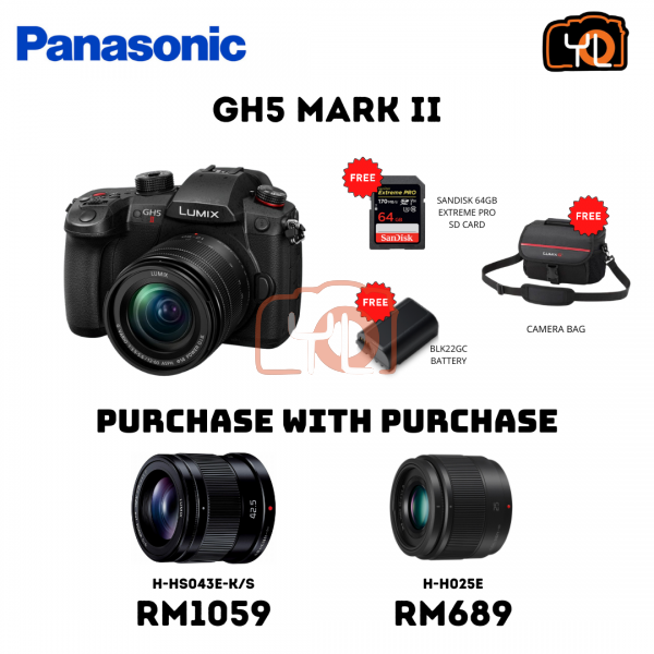 Panasonic Lumix GH5 II Mirrorless Camera with 12-60mm f/2.8-4 Lens ( Free Sandisk 64GB extreme pro SD card + PGS81KK Camera Bag + BLK22GC battery - PWP 42.5mm F1.7 lens