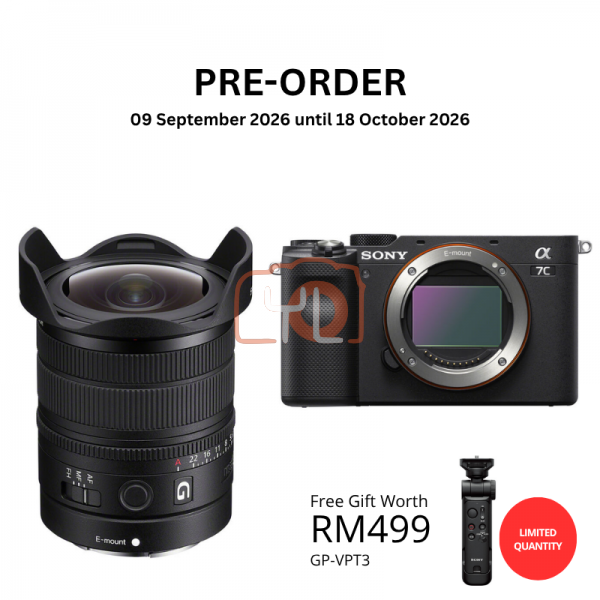 [PRE-ORDER] Sony FE 8-14mm f3.5 Fisheye G Lens PWP with Sony a7C Mirrorless Camera Body (Black) - Free Sony GP-VPT3 Wireless Shooting Grip with Detachable Remote