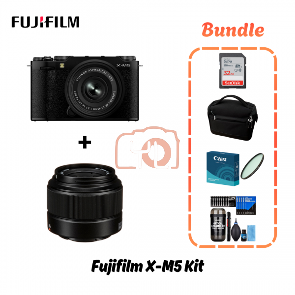 FUJIFILM X-M5 Camera Body (Black) - Bundle FUJIFILM XC 35mm f/2 Lens+Sandisk 32GB 120MB Ultra SDHC Card+Proocam D24 Bag+Caisi 55mm Filter+VSGO DKL-15B Cleaning Kit