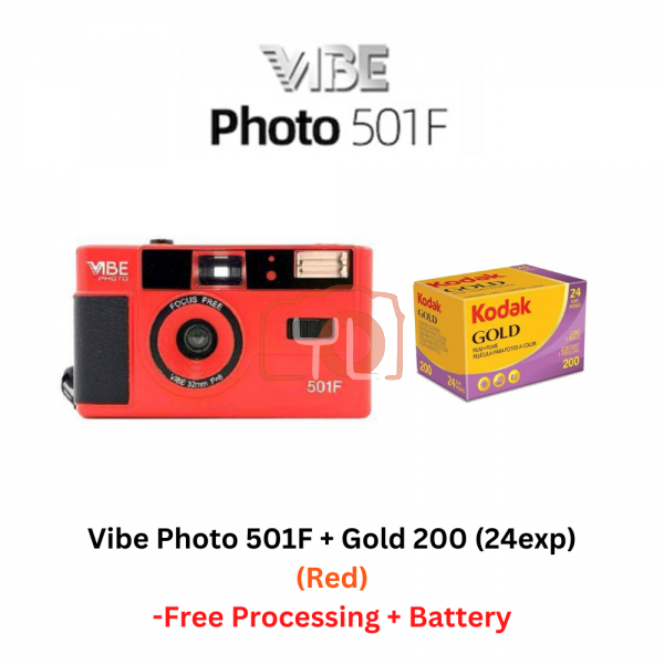 VIBE Photo 501F Red + Kodak Gold 200/24exp (Free Processing + Battery)