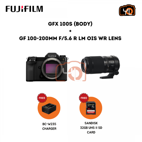 FUJIFILM GFX 100S (Body) + GF 100-200mm f/5.6 R LM OIS WR Lens (Free BC-W235 Charger, 32GB UHS II SD Card)