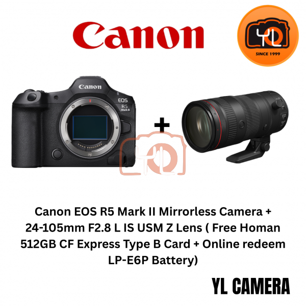 Canon EOS R5 Mark II Mirrorless Camera + 24-105mm F2.8 L IS USM Z Lens ( Free Homan 512GB CF Express Type B Card + Online redeem LP-E6P Battery)