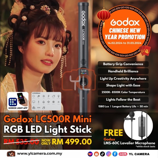 Godox LC500R Mini RGB LED Light Stick FREE LMS-60C Omnidirectional Lavalier Microphone