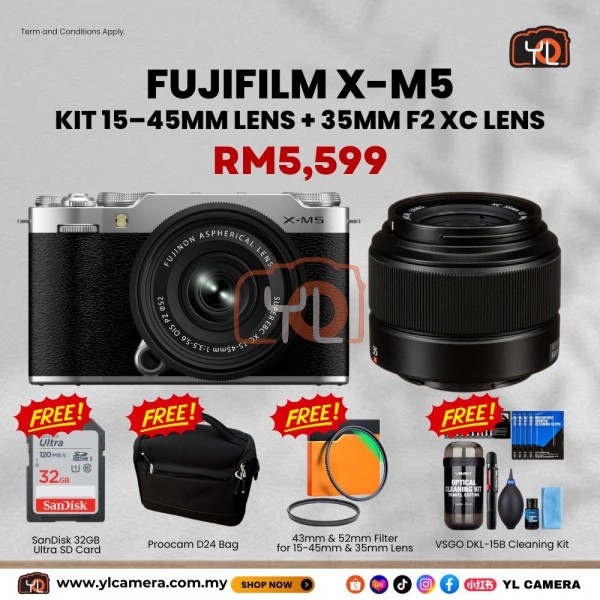 FUJIFILM X-M5 Mirrorless Camera with XC 15-45mm f/3.5-5.6 Lens - Add FUJIFILM XC 35mm f/2 Lens+Sandisk 32GB Card+Proocam D24 Bag+Filter Lens+VSGO DKL-15B Cleaning