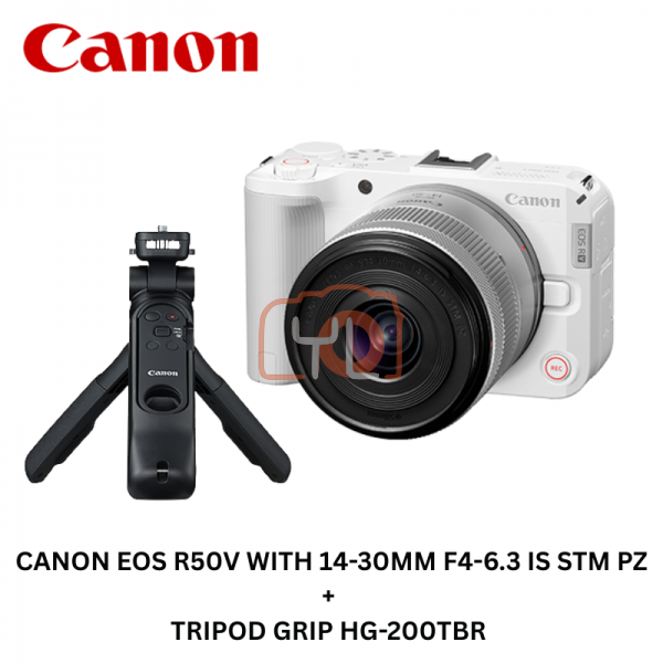 Canon EOS R50V Mirrorless Camera (White) + 14-30mm f4-6.3 Lens + Tripod Grip HG-200TBR (Free Canon Bag CB-ES1000 Red & Homan 64GB V30 SD Card  & Redeem Online Touch N Go RM100 & Nanlite Pico)