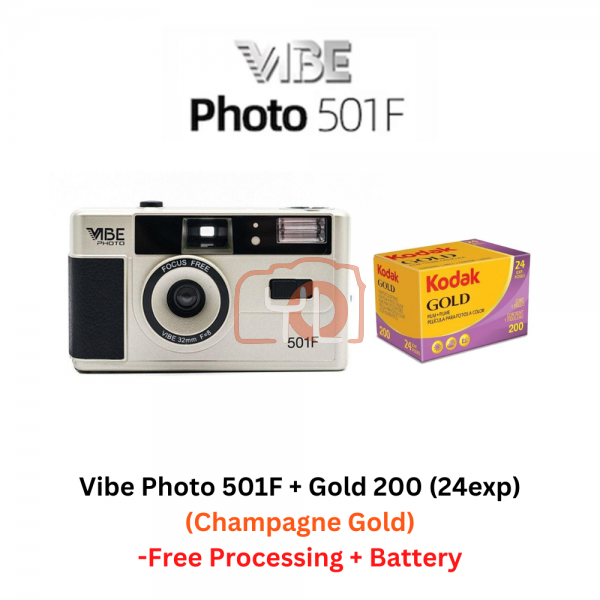 VIBE Photo 501F Champagne Gold + Kodak Gold 200/24exp (Free Processing + Battery)