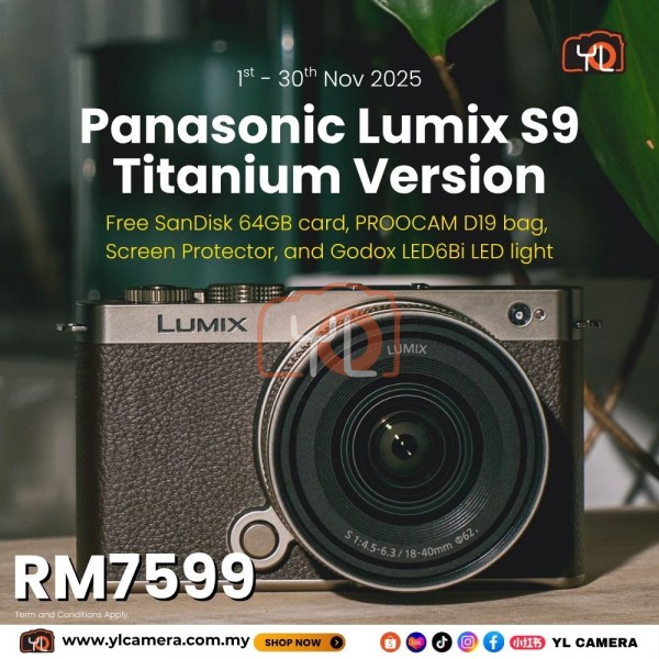 Panasonic Lumix S9 Mirrorless Camera + 18-40mm F4.5-6.3 Lens (Titanium Gold) ( Free Sandisk 64GB SD Card & Proocam D19 Bag & Screen Protector & Godox LED6Bi LED Light)