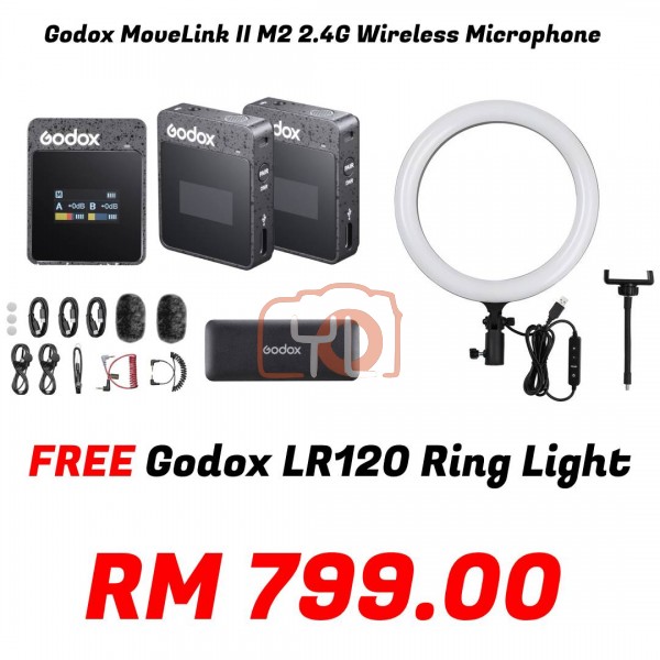 Godox MoveLink II M2 Compact 2-Person Wireless Microphone System for Cameras & Smartphones with 3.5mm (2.4 GHz, Black) FREE Godox LR120 Ring Light