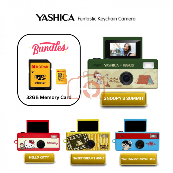YASHICA Funtastic Keychain Camera (Snoopy's Summit) + 32GB MicroSD Card